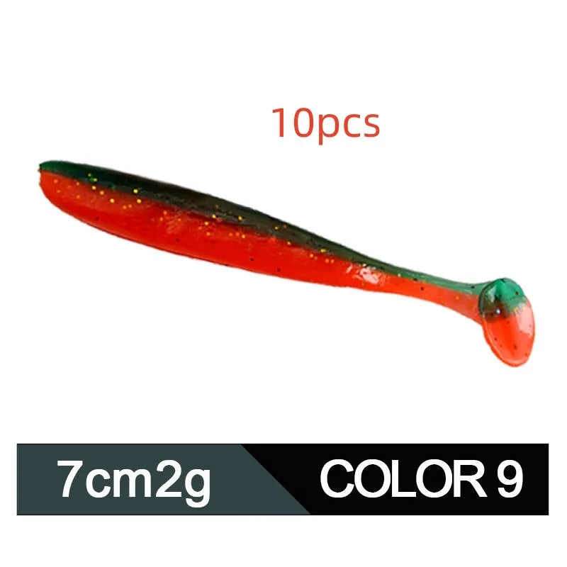 Soft plastic worm lure with a two-tone T tail, shown in one of its 14 colour options.