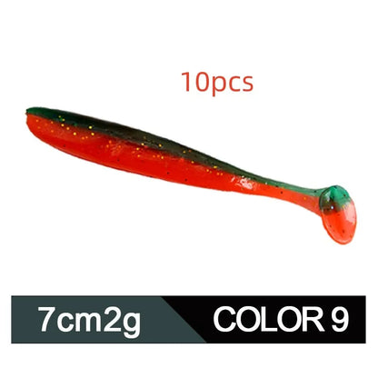 Soft plastic worm lure with a two-tone T tail, shown in one of its 14 colour options.