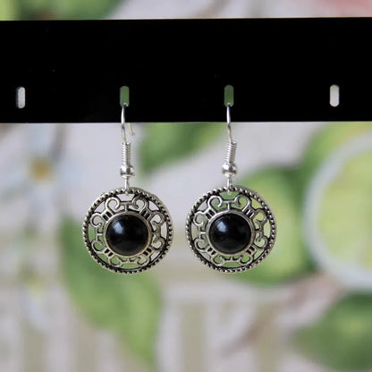 Handmade Miao silver turquoise earrings with geometry shape and totem patterns in black colour option