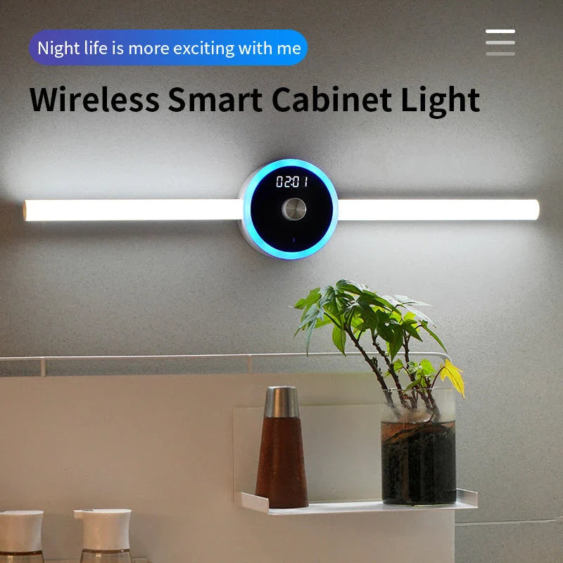 Multifunctional LED cabinet light with clock, motion sensor, and versatile features for home and office organization