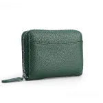 Genuine leather zipper coin purse in a solid colour showing sewing line detail.