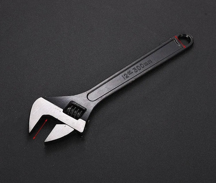 Black-finished high carbon steel adjustable wrench showing adjustable jaw mechanism.