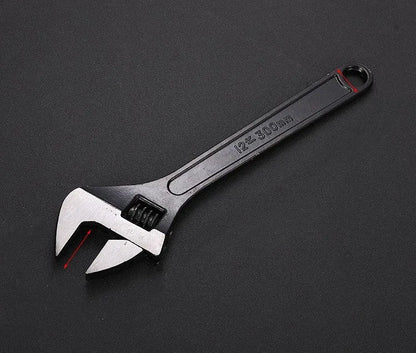 Black-finished high carbon steel adjustable wrench showing adjustable jaw mechanism.