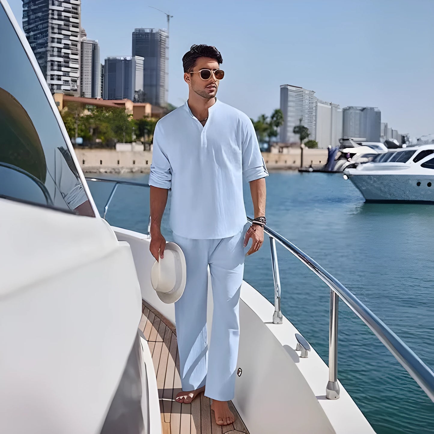 Men's casual cotton suit in a solid colour, featuring a long sleeve top and full-length trousers.