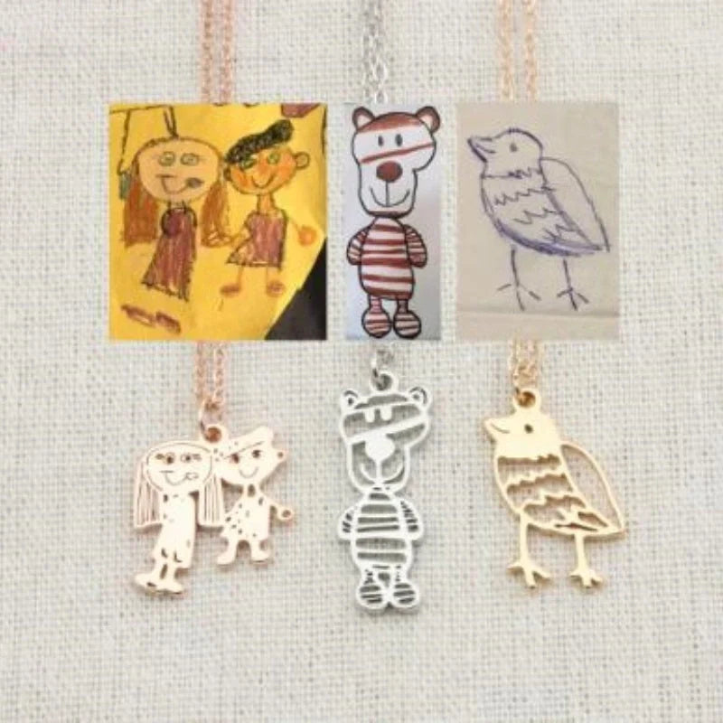 Custom children's artwork necklace with stainless steel chain and titanium steel pendant