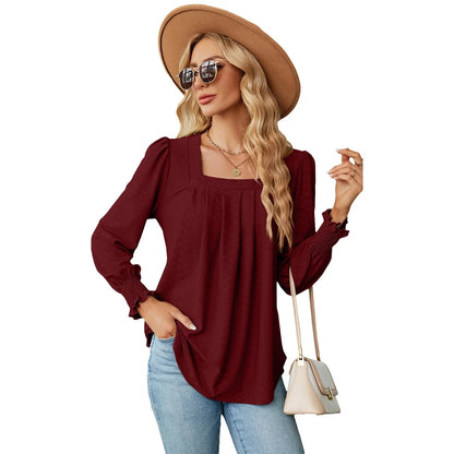 Elegant Jacquard Pleated Top in a variety of chic colours, featuring a unique pattern and flattering square neckline