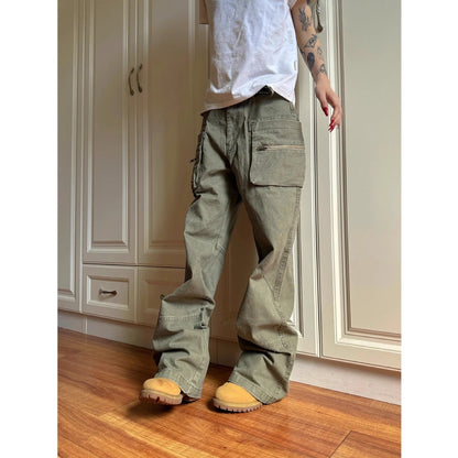 Green and black cotton work trousers with double zip and pockets