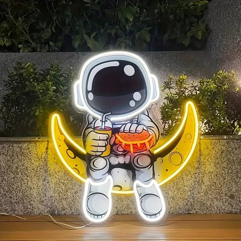 Astronaut silhouette neon light mounted on wall with USB cable, blue or cold white LED illumination
