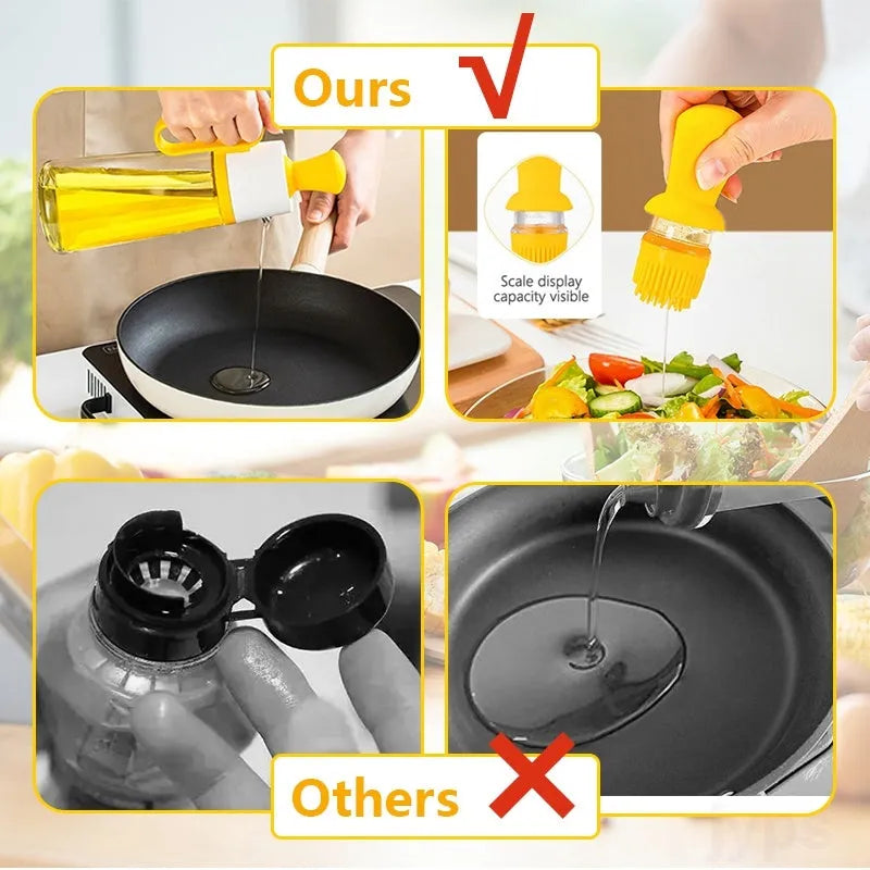 Yellow 2-in-1 oil dispenser with silicone brush, 550ml glass bottle with stainless steel nozzle