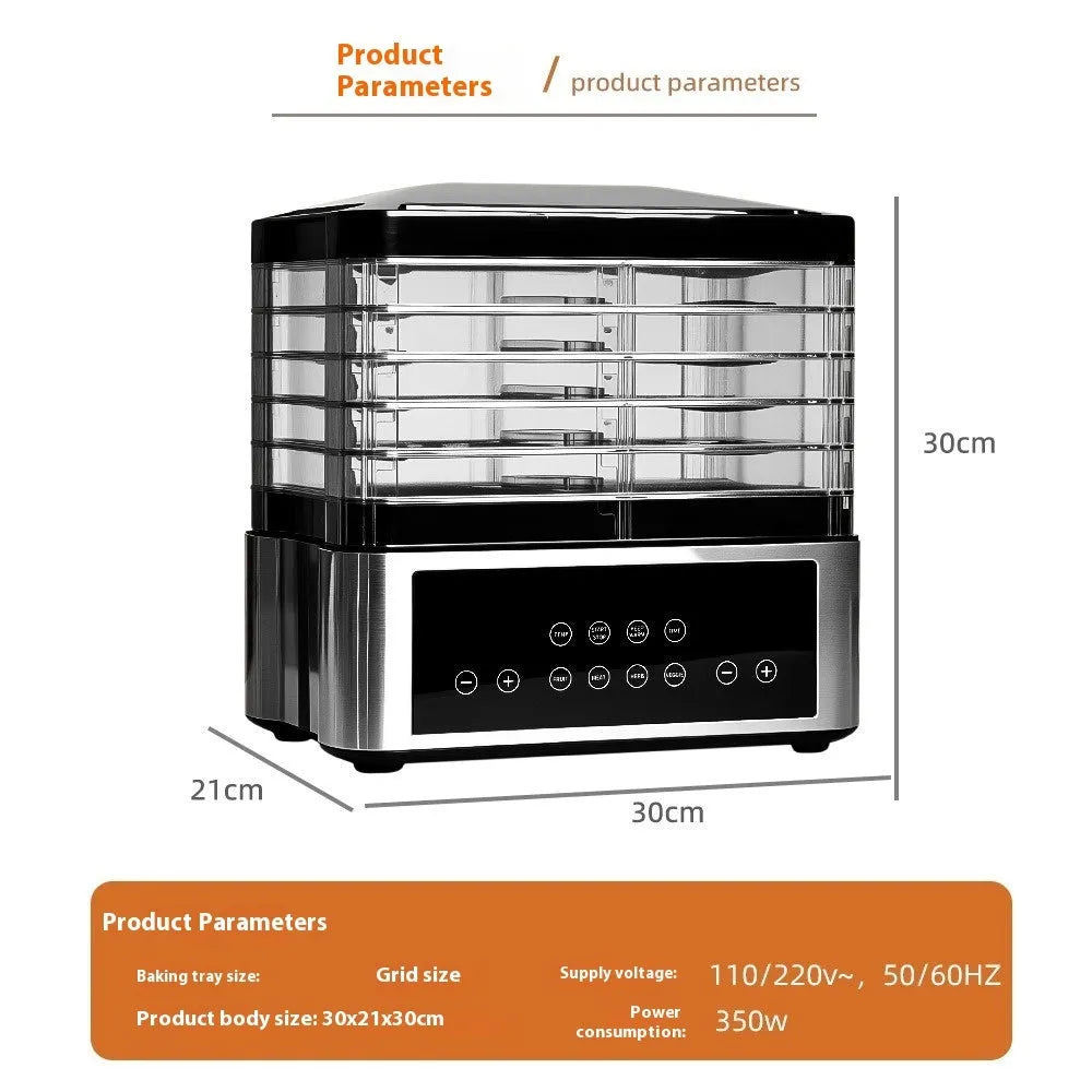 Silver stainless steel fruit dehydrator with temperature dial and 14-litre drying capacity