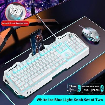 Aluminium alloy mechanical gaming keyboard with rainbow lighting, shown with a macro mouse and gaming headset.