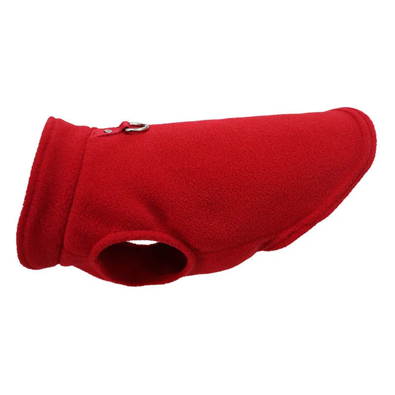 Thickened polar fleece dog waistcoat in solid colours red, black, blue, available in sizes S M L XL.