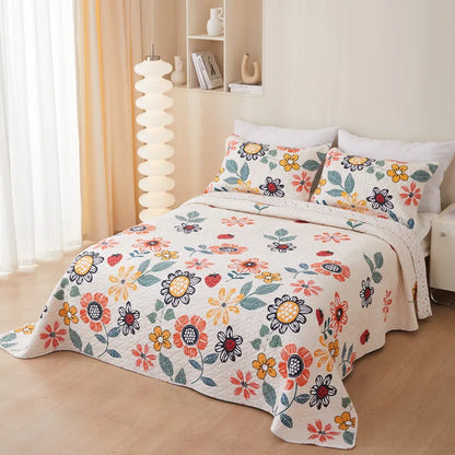Pure cotton twill quilted bedspread three piece set with reactive printed floral pattern