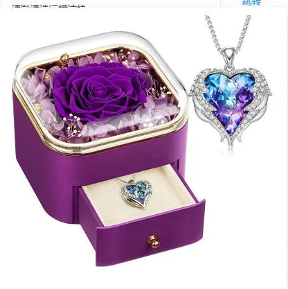 Valentine's Day rose flower drawer jewellery box with preserved eternal flowers and love crystal necklace gift set