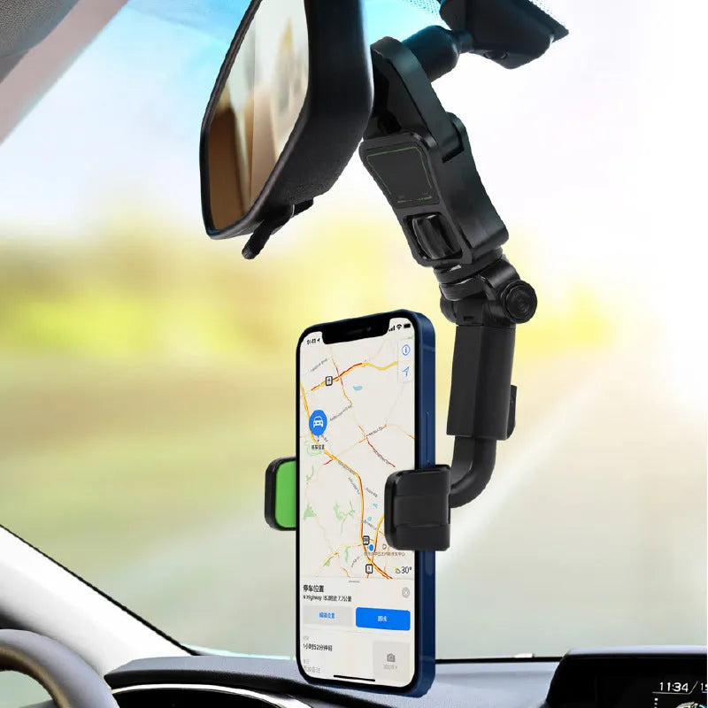Universal car phone holder attached to a rear view mirror, shown in black and green colour.