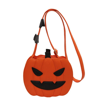 Pumpkin cartoon shoulder bag with adjustable strap and roomy interior, available in various Halloween-inspired colors