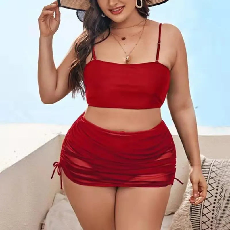 Women's solid colour mesh bikini three-piece set with top, underwear, and apron.