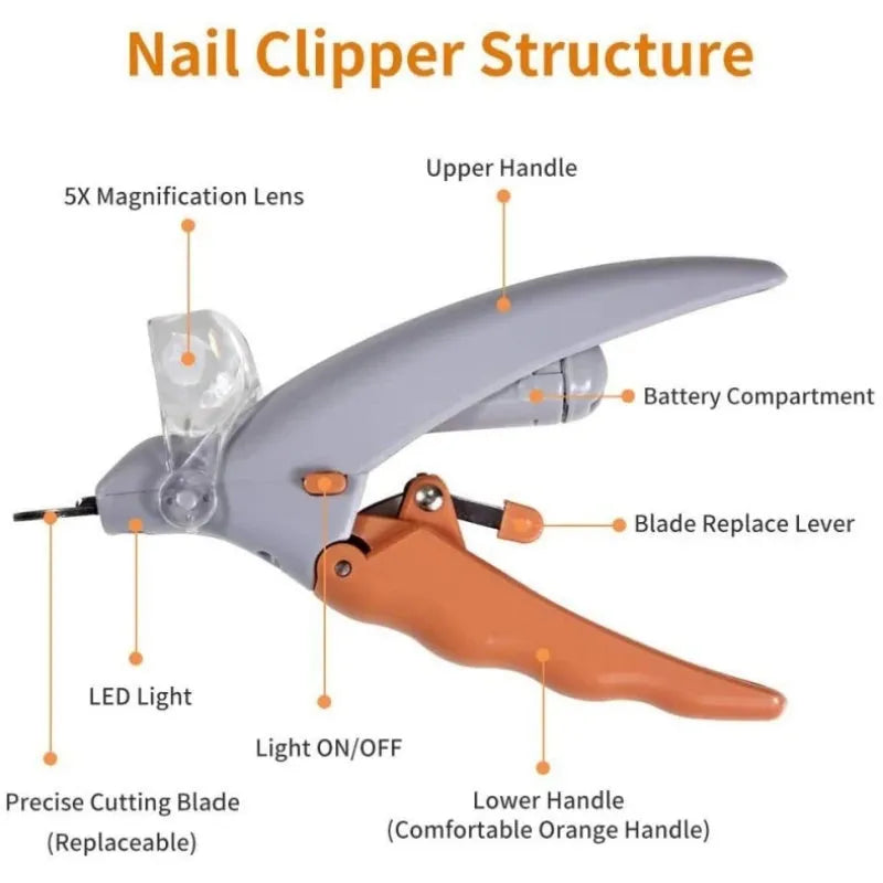 Yellow pet nail clipper with LED light and magnifying glass for dogs and cats