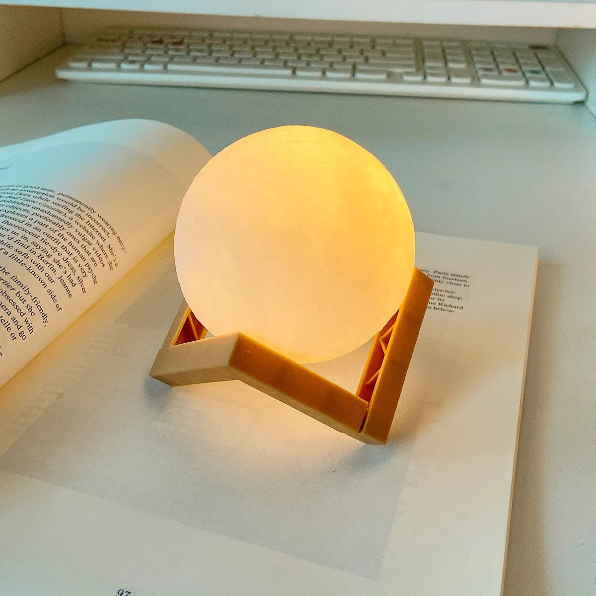 3D printed PVC moon lamp LED night light with warm white glow on stand