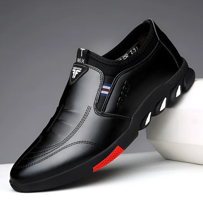 Men's plain-toe black and brown business shoes with flat soles and lace-up or slip-on styles.