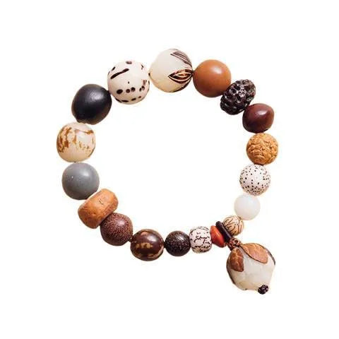 Women's 18-seed Bodhi seed bracelet with geometric pattern measuring 16cm wrist circumference