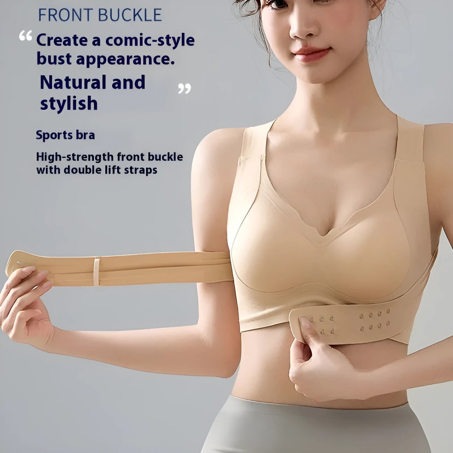 Front buckle closure on a black women's yoga bra with fixed double shoulder straps and a 3/4 cup.