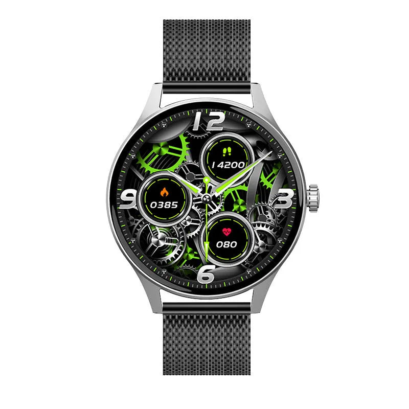 Smart watch with blood sugar and heart rate monitoring on wrist showing AMOLED display