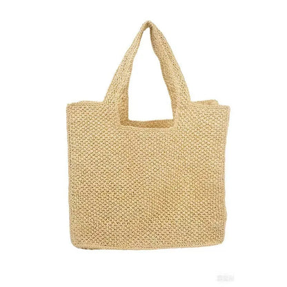 Woven straw tote bag in horizontal square shape with double shoulder straps measuring 40x36x12cm