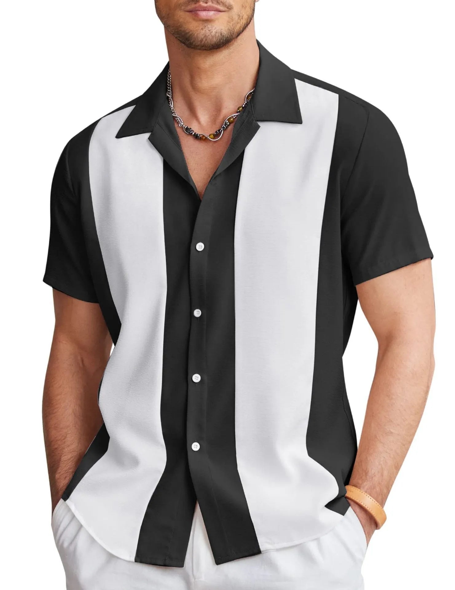 Man wearing a slim fit, short sleeve Hawaiian shirt with a digital print pattern in a casual setting