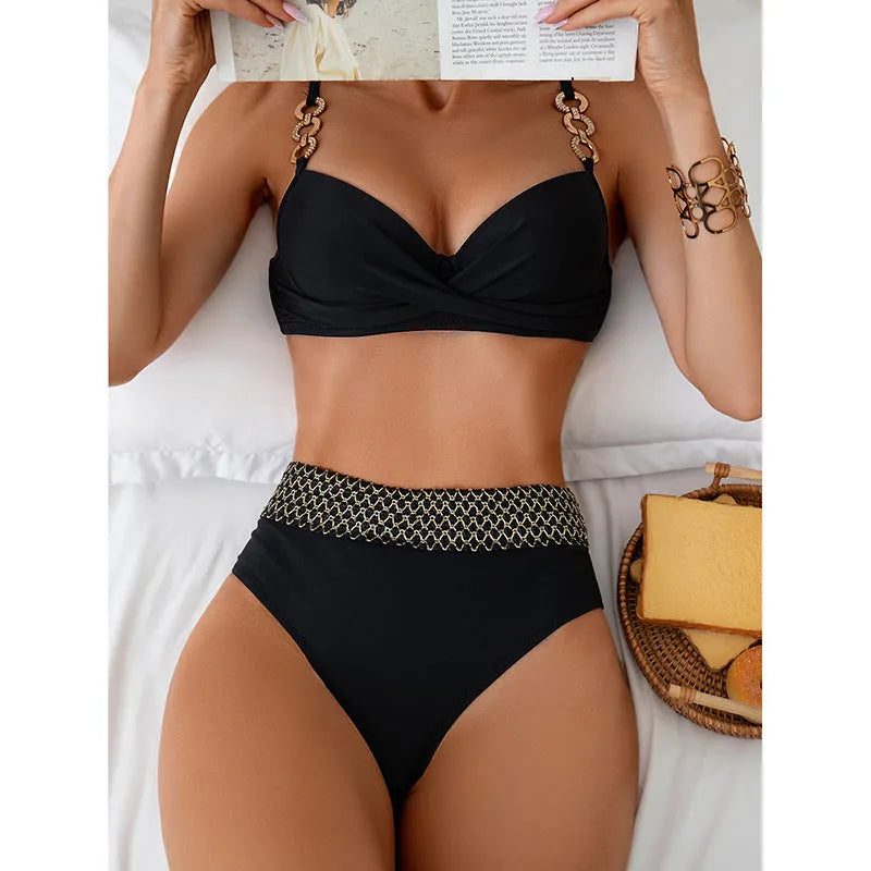 Black women's bikini swimsuit set with sleeveless top and briefs