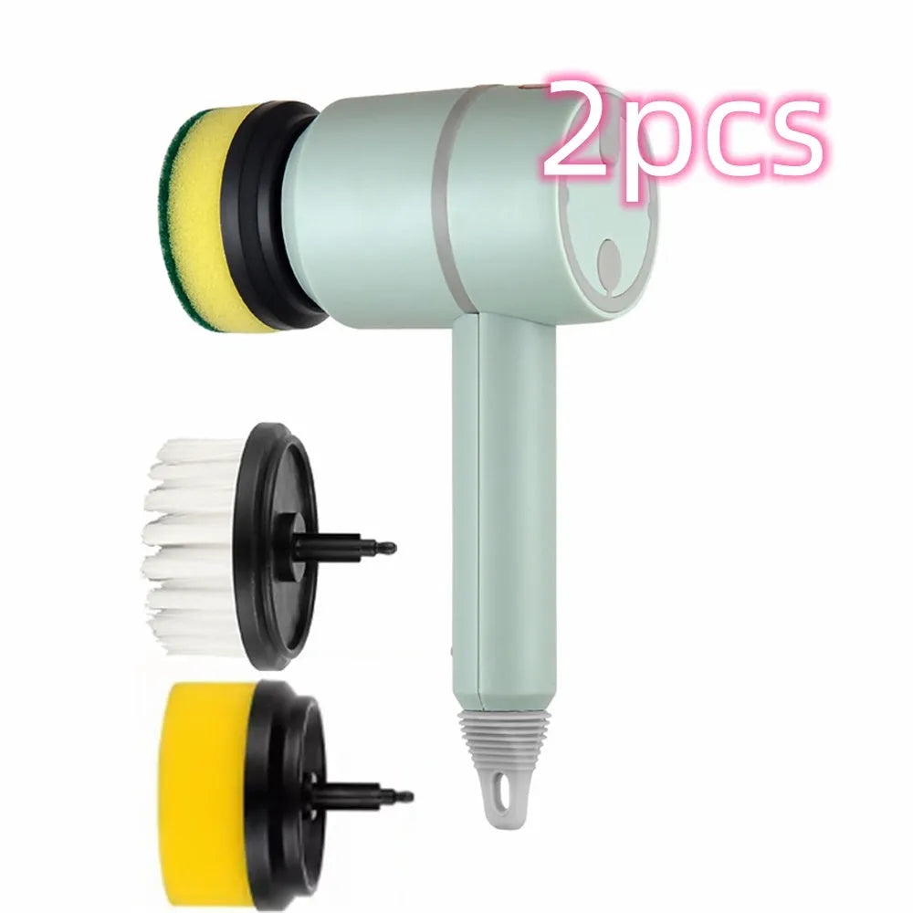 Green electric cleaning brush with multiple brush heads on a kitchen worktop.