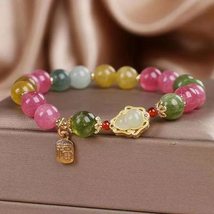 Colourful tourmaline gourd blessing card bracelet for women with electroplated finish.