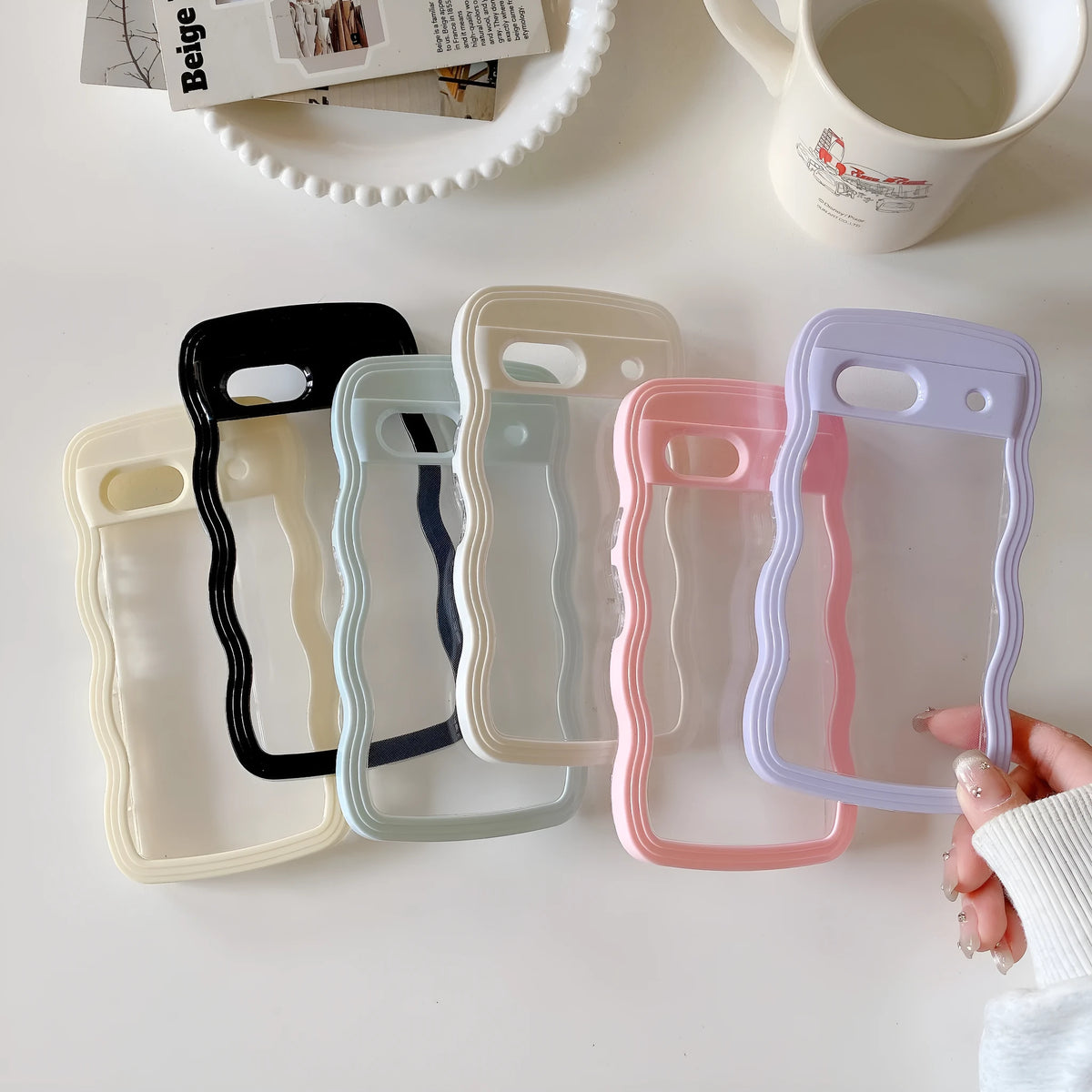 Two-in-one wave shell transparent phone case with PC colour hem for Google Pixel models