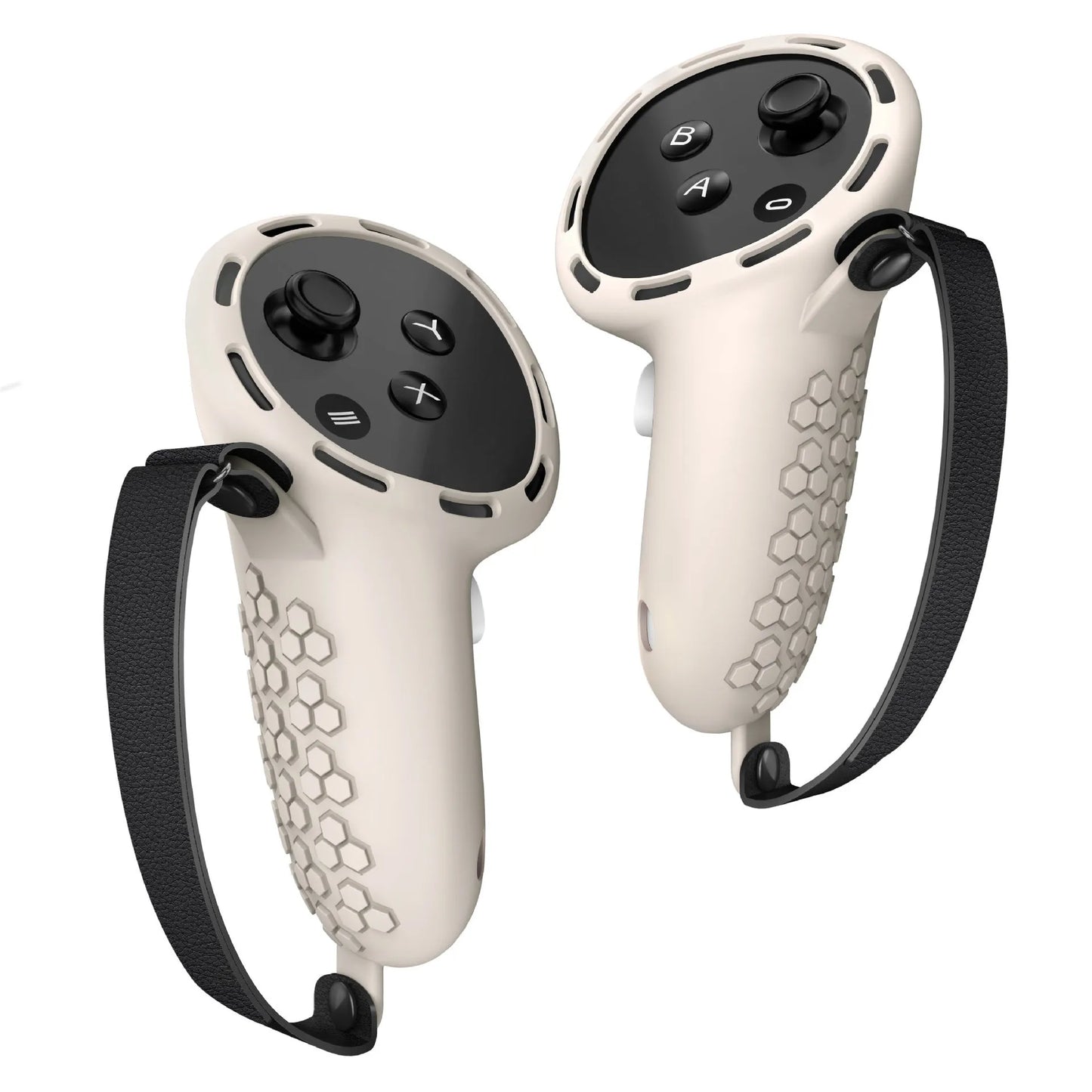 Silicone protective sleeve on a Meta Quest 3 VR controller handle in multiple colour options.