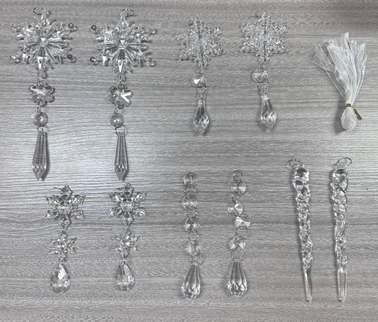 10 clear acrylic icicle ornaments with hanging holes and ribbons for easy holiday display