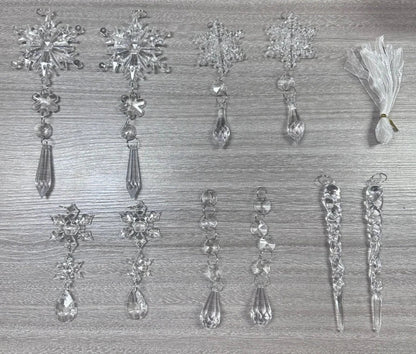 10 clear acrylic icicle ornaments with hanging holes and ribbons for easy holiday display