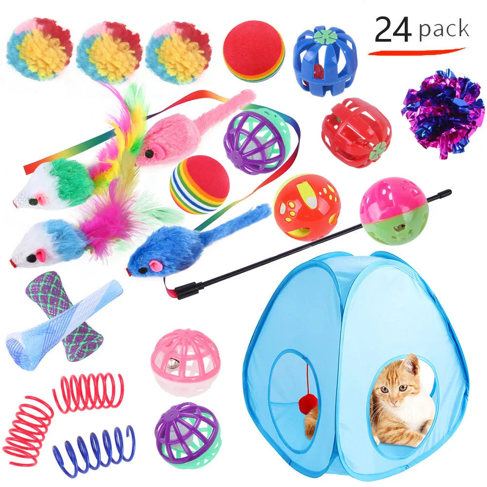 Plastic cat toy set with coloured tunnel channels and a ball for interactive indoor play.