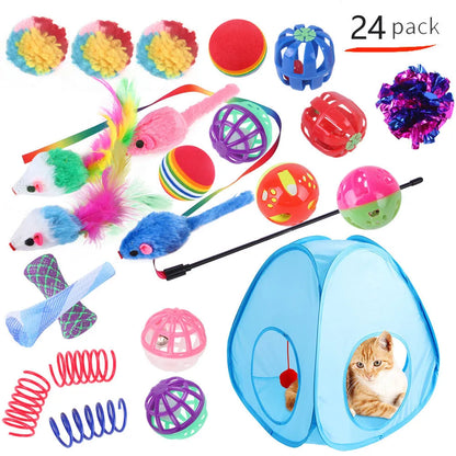 Plastic cat toy set with coloured tunnel channels and a ball for interactive indoor play.