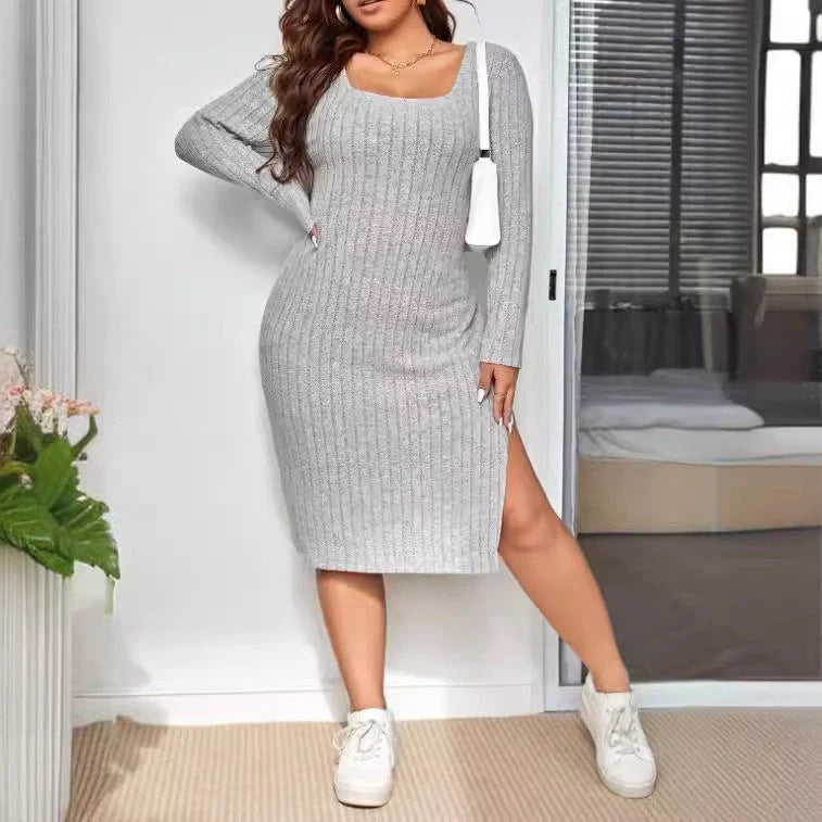 Slim-fit knitted dress with sunken stripe design in rose red and light grey
