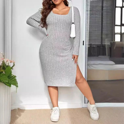 Slim-fit knitted dress with sunken stripe design in rose red and light grey