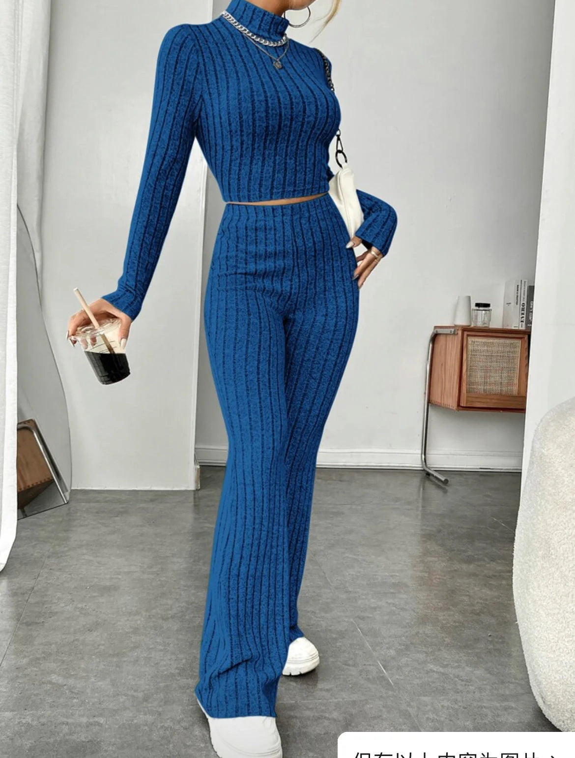 Women's cotton long sleeve turtleneck and wide leg high waist trousers suit in various colours