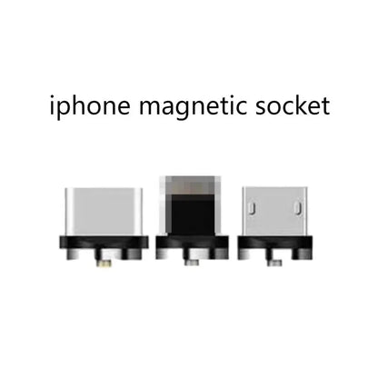 Black magnetic charging cable with connectors for Android, Type C, and Apple devices on a white background