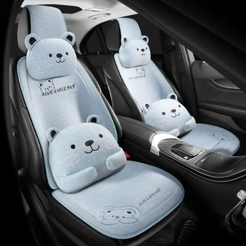 Car seat cushion set showing a linen cushion and separate lumbar support pillow in a choice of five colours.