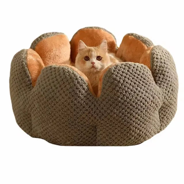 Green petal cactus-shaped plush cat bed with a cave-like opening on a wooden floor