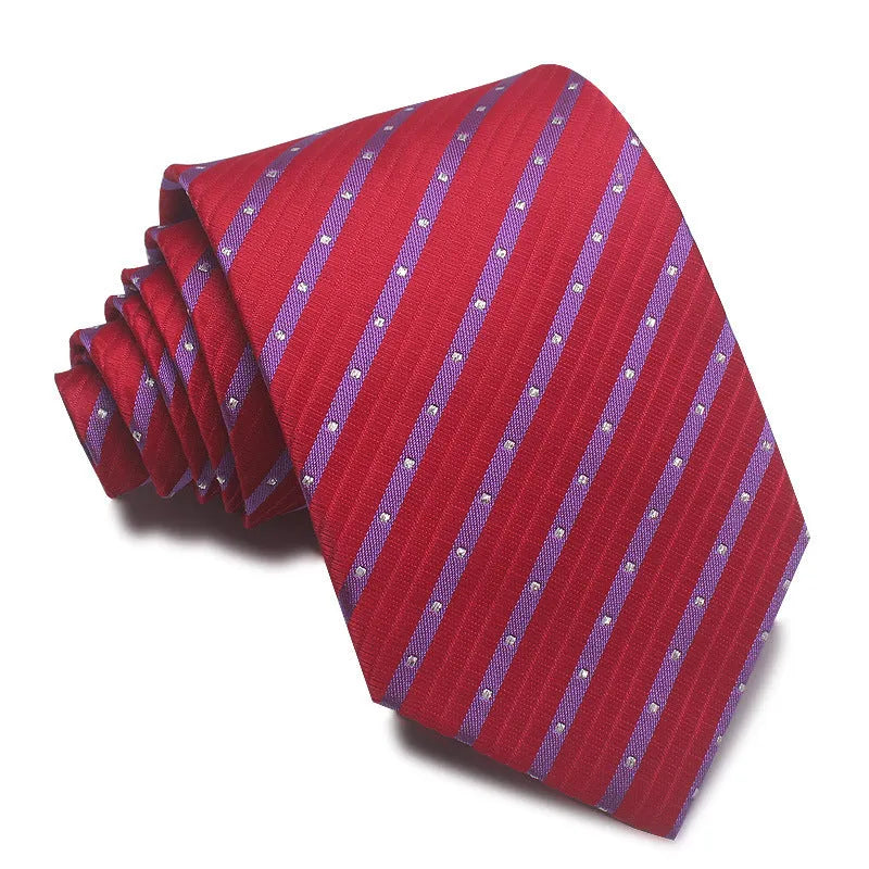 Close-up of a red and black striped men's business tie with a textured Jacquard weave, showing the 8cm width and arrow point shape.