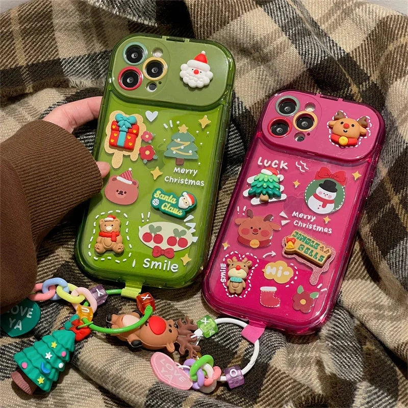 Festive Christmas Santa Claus Elk Hat Pendant Flip Phone Case for iPhone in rose red and green