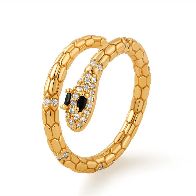 Adjustable snake-shaped copper ring with gold colour plating for index finger