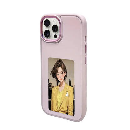 NFC projection screen e-ink phone case with bracket in Graphite Black, Green, and Pink for iPhone Pro models.