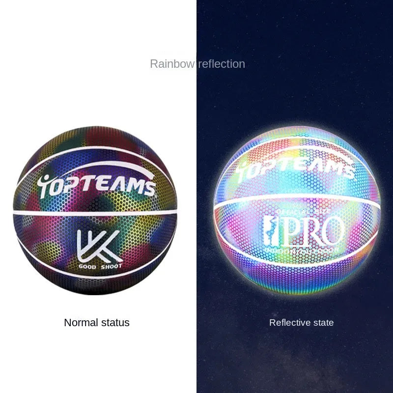 Holographic luminous reflective fluorescent basketball No. 7 size with wear-resistant PU leather