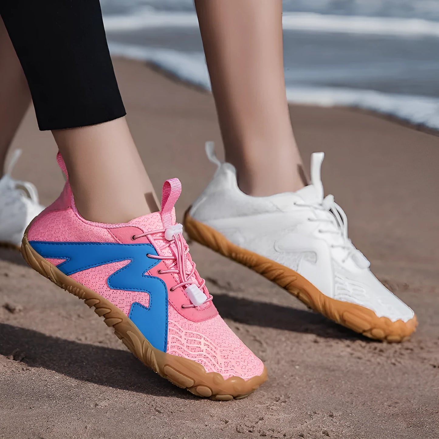 Climbing shoes with Flyknit lining and a rubber sole in A83 colour options on a climbing hold.